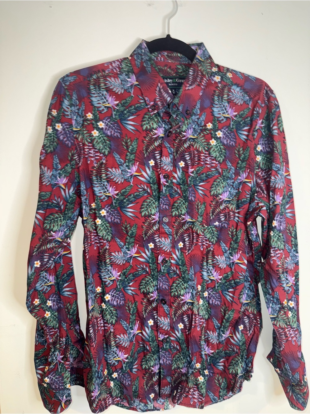 Paisley & Gray Men’s M 16 Slim Fit Red Tropical Bird of Paradise Shirt